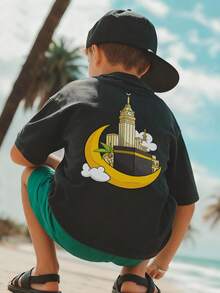 Ramadan Boys & Teens Casual Printed Crew Neck Short Sleeve T-Shirt, Summer Top - Dark Grey - View 7