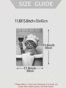 1 pieza Decoración de pared de baño linda, gato bebiendo vino en la bañera, estilo minimalista en blanco y negro, póster de animal gracioso, decoración de baño, gato con gorro de ducha, patrón de animal en blanco y negro, adecuado para decoración de baño y aseo - con marco opcional - Multicolor - Ver 7