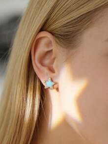 Mazuer 1对可爱清新薄荷绿珐琅滴油星星耳钉，18K镀金不锈钢首饰，日常配饰 - 金黃色 - 查看 5