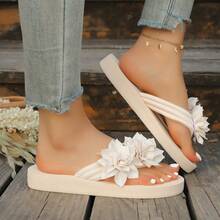 Summer New Thick Sole Slippers, Lightweight & Comfortable Flip Flops, Solid Color Oversized 36-45, Floral Beach Sandals - Beige - View 2
