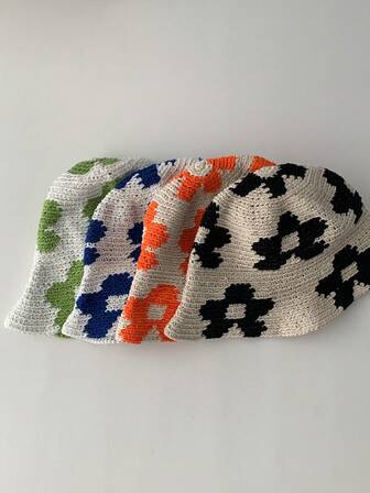 1pc Handmade Floral Knit Bucket Hat, Unique Design, Suitable For Spring/Summer, Beach, Vacation, Sun Protection, Versatile