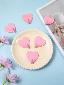 6pcs Self-Adhesive Heart-Shaped Wall Hooks - No Drilling, Damage-Free Removal, Heavy-Duty Metal Hooks With Adhesive Backing, For Hanging Coats, Hats, Bags - Fashionable Decorative Clothing Rack, Suitable For Bathroom, Bedroom (Rental/Owned), Practical Hooks - Pink - View 6