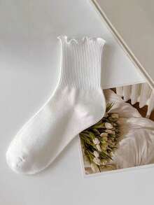 5pcs/Set Women's Frilled Hem Mid-Calf Socks, Comfortable Simple Fashion Versatile Suitable For Everyday Wear - White - View 5