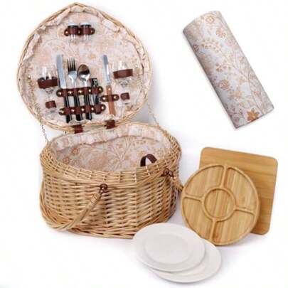 Hap Tim Heart Wicker Picnic Basket For 2 Person Set With Blanket Bamboo Plate Cheese Board Couples Gifts Wedding Gifts Engagement Gifts Y2405