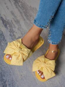 Women's Bowknot Pleated Fabric Slippers, Fashion Casual Home Wear, Autumn/Winter - Yellow - View 8