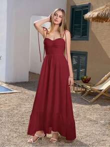 Long Dress With Tie Straps, No Padding, With Elastic At The Back, MARRANT Fabric, Spring/Summer, Suspender Style With Laces, Elegant, Beach, Off-The-Shoulder, Long, Loose, Layered Skirt, Boho, Sexy, Backless, Casual, Stylish. - Màu Đỏ Sâu - Xem 2
