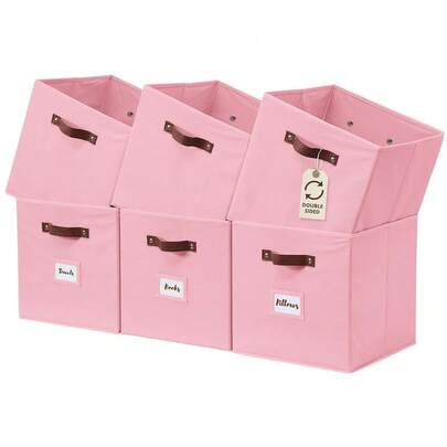 Storage Bins, Cube Storage Bin With Labels, Fabric Storage Cubes For Shelves (10.5\ X 11\ / 6pcs, Pink)