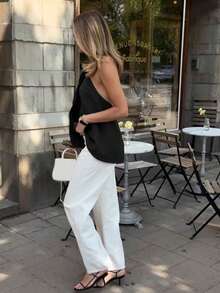 Solid Color Backless Criss-Cross Asymmetric Hem Halter Neck Top, Suitable For Beach & Holiday Black Summer - Black - View 7