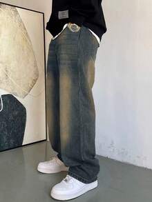 1件 Hearty Haven 男士加大码复古宽松喇叭阔腿水洗休闲舒适牛仔裤（不含腰带和配饰） - 霧霾藍 - 查看 2