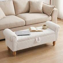 51.5" Storage Bench For Bedroom End Of Bed, Mid-Century Upholstered Ottoman With Storage & Rolled Arms, Corduroy Bedroom Bench Storage Chest Footrest,  Padded Window Seat Shoe Cabinet Stool Furniture For Bedroom, Entryway, Bedroom Essentials Home Decor, White - Vải nhung kẻ trắng - Xem 9