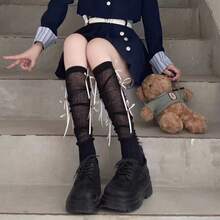 1双优雅芭蕾舞风格蕾丝流苏女士长筒袜，带蝴蝶结装饰 - 透气时尚，适合春夏穿着，涤纶混纺，可爱袜子，学院风JK绒面袜 - 彩色 - 查看 3