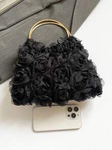 Elegant Rose Flower Clutch Purse, Women Formal Dress Party Handbag, Gentle Sweet Girl's Shoulder Bag, Solid Color Bucket Bag, Bridal Purse - màu đen - Xem 5