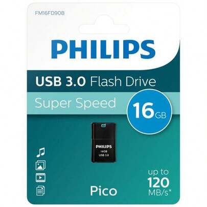 Philips USB 3.0 Pico Edition Flash Drive 16GB, High Speed USB Memory Stick For Data Storage, File Transfer And Backup On PC And Laptop, Compact Black Design