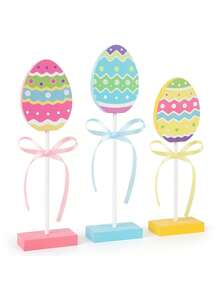 3pcs Easter Tiered Tray Decor, Wooden Easter Egg Decorations, Colorful Easter Table Decor Suitable For Easter Home Farmhouse Kitchen Decor, Wooden Egg Sign, Suitable For Tiered Tray, Shelves, Fireplace Mantel And Other Colorful Easter Home And Party Decorations - Multicolor - View 2