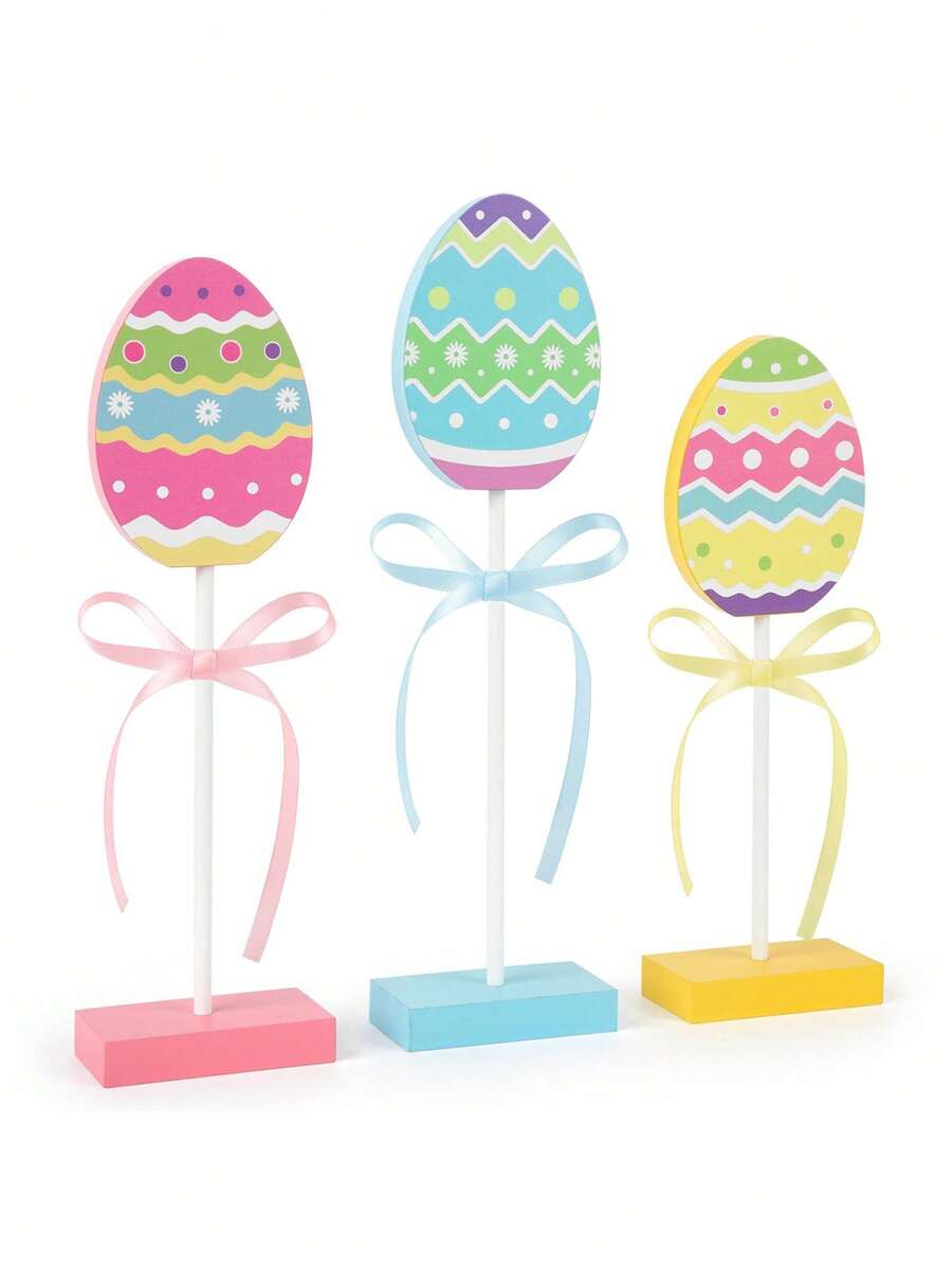 3pcs Easter Tiered Tray Decor, Wooden Easter Egg Decorations, Colorful Easter Table Decor Suitable For Easter Home Farmhouse Kitchen Decor, Wooden Egg Sign, Suitable For Tiered Tray, Shelves, Fireplace Mantel And Other Colorful Easter Home And Party Decorations