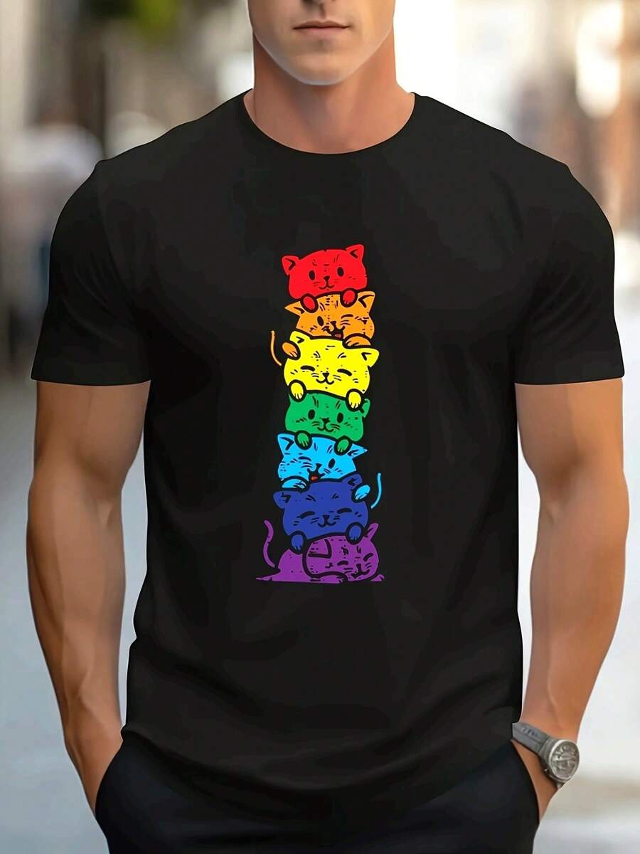 Men'S Rainbow Cat Stacked T-Shirt - Cute Multicolor Cat Design With Red, Yellow, Green, Purple, Orange, Pink, - Soft Everyday Tee For Casual, Comfortable Clothing, Playful Design, Durable Construction, Printed Top, Fashion Enthusiasts - màu đen - Xem 1