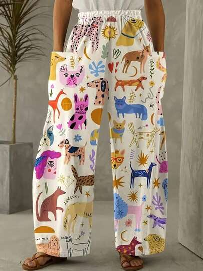 Women's Loose Fit Allover Print Wide Leg Pants, Casual, Comfortable, Suitable For Outdoor, Leisure, Home, Travel, Work, Wedding, Party, Beach, Elastic Waist, Spring/Summer