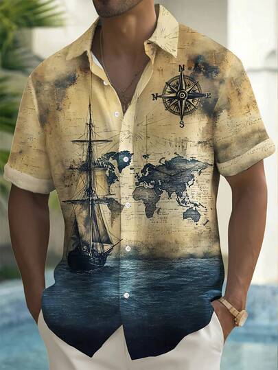 Camisa hawaiana de manga corta con bolsillo con botón y estampado digital 3D de brújula náutica vintage para hombres, camisas hawaianas de verano para hombres de talla grande, camisas hawaianas de talla grande para hombres, TALLA GRANDE, atuendo de playa, atuendo de vacaciones, estampado geométrico, tema náutico, tela transpirable, ajuste cómodo, moda masculina, camisa abotonada, guardarropa de vacaciones, vestidores casuales