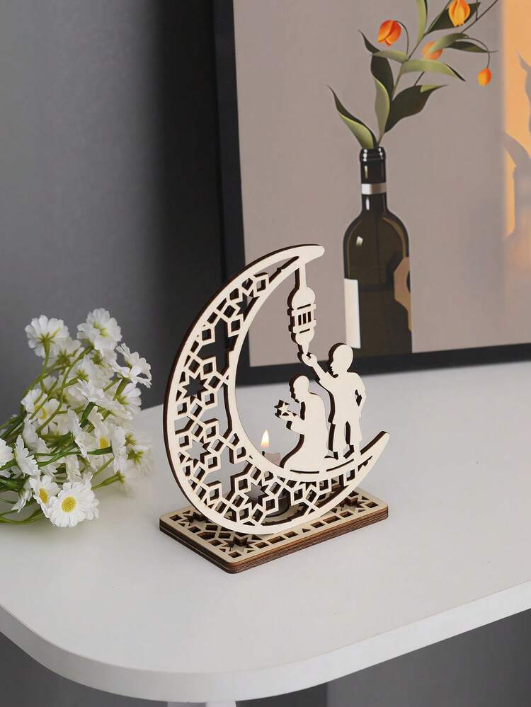 1 Set Wooden Star & Moon Hollow Candle Holder, Includes Base, Candle Cup, Hollow Decor, Creative Candle Holder, Home Decor, Incense Burner, Candle Holder, Ramadan (Candles Not Included) - Multicolor - View 2