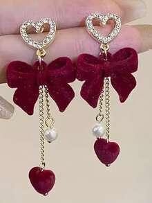 Vintage Flocked Butterfly & Heart Tassel Earrings, Luxurious Design, Elegant Retro Earrings - Multicolor - View 2