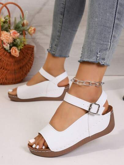 Girl's Platform Wedge Sandals, Open Toe & Heel, Fashion Plus Size Strap Buckle Closure Sandals, Summer