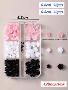 無味 120入 8mm+6mm 極光山茶花/玫瑰樹脂美甲飾品（透明/白色/黑色混色），簡約可愛設計，高光澤 3D 平底易貼附；適用於婚禮、節日及各種場合，可用於美甲設計（兼容梯形、法式杏仁、長/短、橢圓、方型指甲）與珠寶手工、畢業帽裝飾、手機殼 DIY；風格涵蓋日韓與歐美，四季通用美甲飾品，適合女性與兒童 - 彩色 - 查看 18