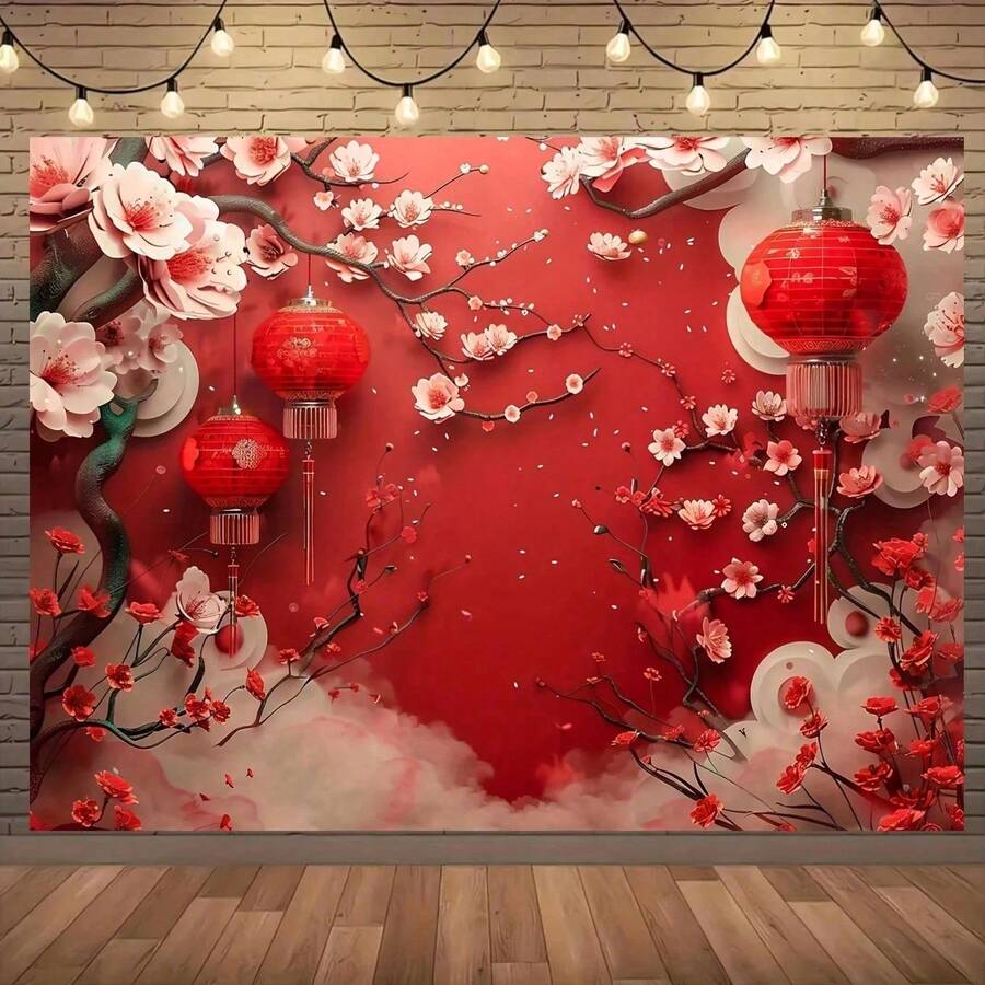 2D flaches Banner, chinesischer asiatischer Neujahrsfest Partyhintergrund, Feiertags-rote Laternen, chinesische Frühlingsfest-Feier rote Laternen Blumen Fotografie Hintergrund, Neujahrsfest Party - 1 - Übersicht 1