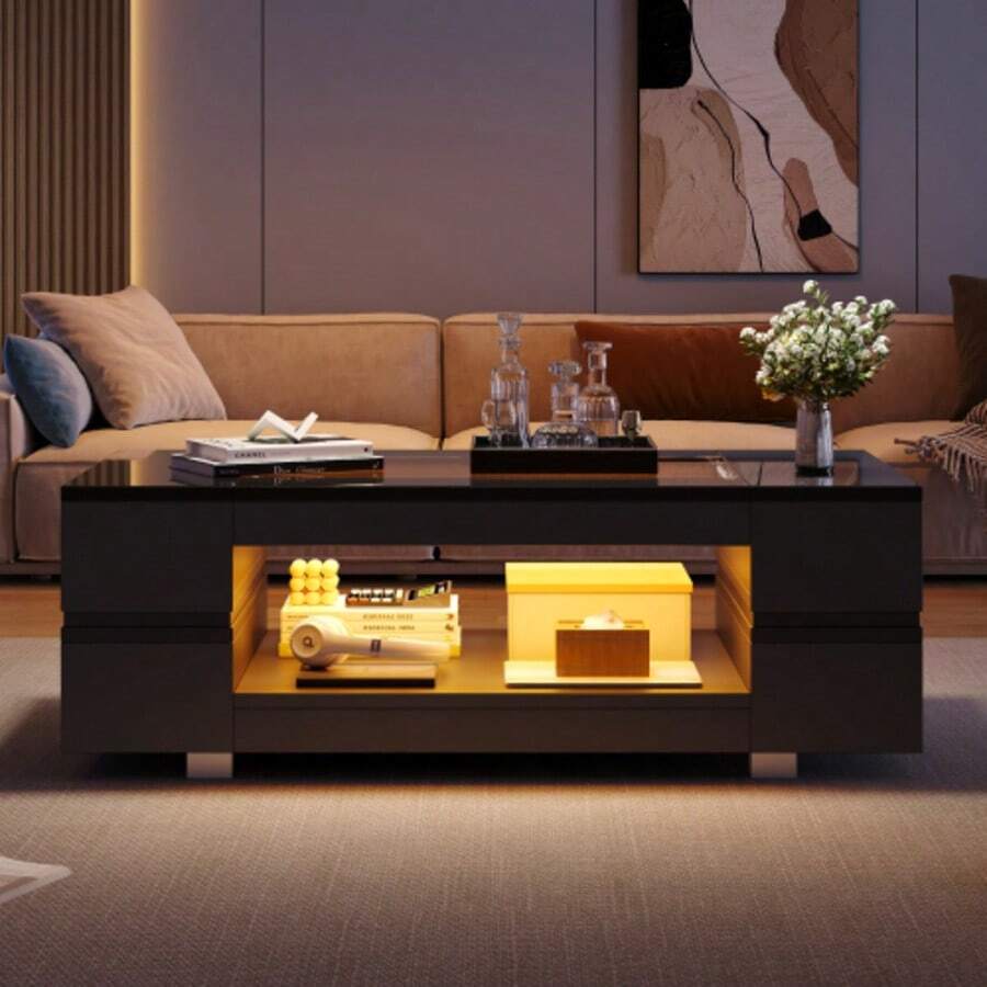 Black LED Coffee Table With Bluetooth App Control, Double-Layer High-Brightness Hollow Design Table, Suitable For Parties, Offices, Living Rooms - Black - View 1
