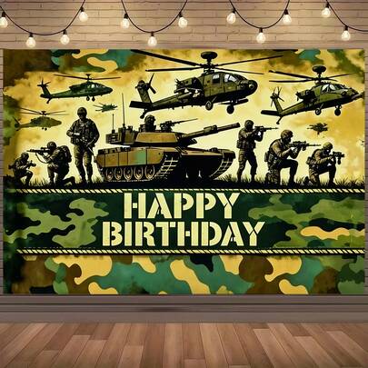 1 Tela de fondo de cumpleaños con tema militar de camuflaje, pancarta de cumpleaños con tema de tanque y helicóptero, telón de fondo de foto militar, pancarta de cumpleaños, decoración de mesa de pastel - Perfecto para la decoración del hogar, el jardín y la sala de estar, suministros de fiesta de cumpleaños únicos.