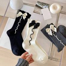 3 Pairs Cute Wavy Ribbon Striped Bow Mid-Calf Socks, Japanese Style Bow Socks For Women, Sweet Lolita Princess Wavy Leg Warmers, Spring/Autumn Black & White - Multicolor - View 2