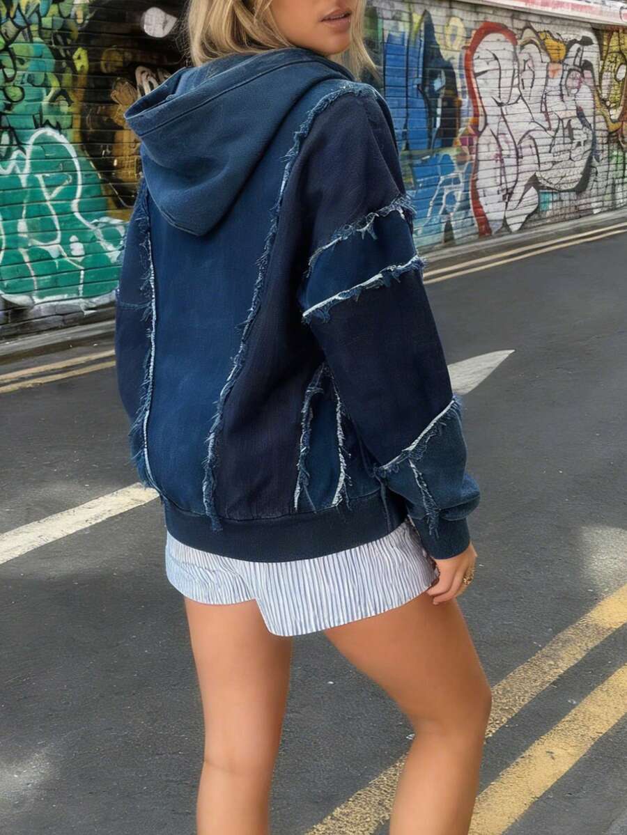 Ladies' Casual Hooded Jacket With Fashionable Fur Edge Design Zipper Cardigan Hoodie And Side Pockets, Versatile For Autumn And Winter, Loose Long-Sleeved Jacket - Blue - View 1