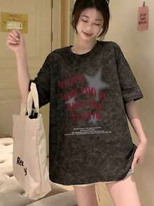 日系女式宽松圆领时尚百搭字母、星星、卡通印花扎染短袖T恤，春夏款 - 黑色 - 查看 2