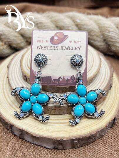 Pendientes de flor de turquesa con estilo bohemio vintage de diseño versátil, adecuados para uso casual, todas las estaciones, joyería para mujeres y niñas, atuendo diario, accesorios de fiesta, joyería, regalo para familia/amigos/usted mismo