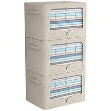 FHSQX 3 Pack Clothes Storage Bins Foldable Metal Frame Storage Box Stackable Linen Fabric Organizer Set With Carrying Handles And Clear Window (Beige, 15.7x11.8x7.8inch(22L)) - Màu be 157x118x78 inch 22 lít - Xem 1