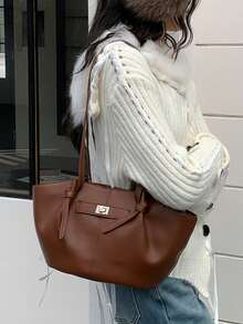 时尚大容量梯形设计奢华PU皮革女士单肩包，设计师款别致锁扣手提包，高品质腋下包 - 黑色 - 查看 3