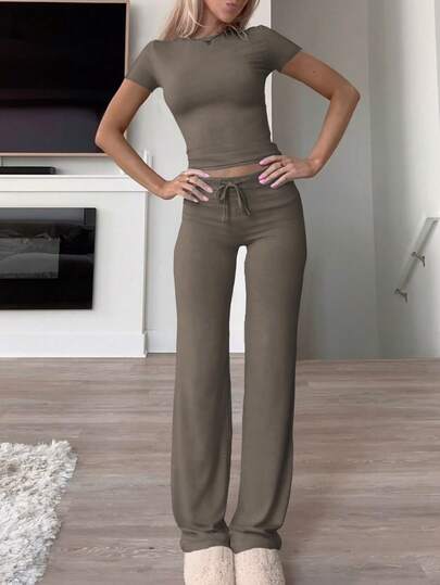 GAOVOT Women's Y2K Style Casual Sports Set - Solid Color Short Sleeve Crew Neck T-Shirt Paired With Slim Straight Leg Pants Summer