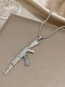 Silver Rifle Pendant Necklace With Chunky Chain, Bold Weapon Pendant Necklace, Fashion Punk Hip Hop Jewelry Gift For Boyfriend, Birthday And Casual Styling, Unisex,Valentine's Day Gift - Multicolor - View 3