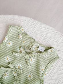 2pcs Girls Daisy Print Blue Plaid Top And Pants Set, Summer - Green - View 4