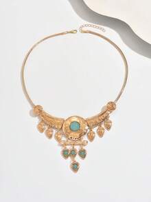 1pc Vintage Teardrop Tassel & Mixed Metal Shape Pendant Necklace, Fashionable Choker Necklace For Women, Versatile For Daily Wear, Parties, Holiday Gifts - Golden Yellow+Green - View 2