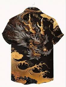 Men'S 3D Dragon Print Shirt - Asian Culture Style, Bold Graphic Print, Short Sleeve, Casual Summer Wear, Black With Golden Accents, Stylish Lapel Collar, Comfortable Fit For Casual Attire - 彩色 - 查看 5