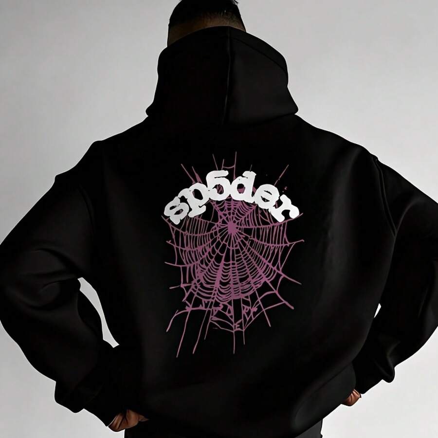 Spider Web Graphic Black Hoodie - Stylized 'spsder' Print, Casual Long Sleeve Hooded Sweatshirt, Minimalist Design For Daily Wear, Perfect For Street Style Enthusiasts - màu đen - Xem 1