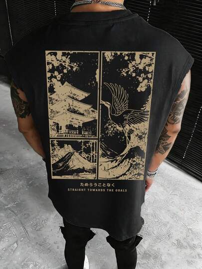 Camiseta de tirantes de verano para hombre con elementos impresos de lema en japonés e inglés, edificio, grúa y paisaje, de estilo casual y versátil