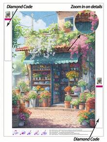 |5D DIY Diamond Painting| Blooming European Florist Shop Adorned With Vines DIY Diamond Art Kit, Sunlit Pastel Backdrop & Flower Accents Canvas Wall Art Print. Home Decor Diamond Painting, Mosaic Kit, DIY Your Own Wall Art - Multicolor - View 1