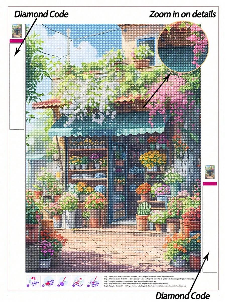 |5D DIY Diamond Painting| Blooming European Florist Shop Adorned With Vines DIY Diamond Art Kit, Sunlit Pastel Backdrop & Flower Accents Canvas Wall Art Print. Home Decor Diamond Painting, Mosaic Kit, DIY Your Own Wall Art - Multicolor - View 1