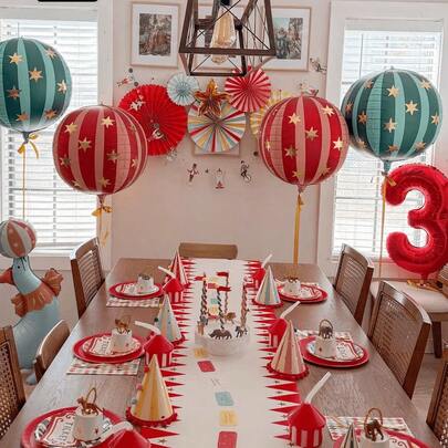 2 Pieces 22-Inch 4D Striped Star-Shaped 3D Circular Aluminum Foil Balloons, Birthday Party Decoration For First Birthday Party Scene Arrangement