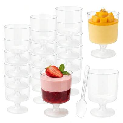 Transparente Dessertbecher, Material, kann direkt mit verschiedenen Lebensmittelzutaten in Kontakt kommen. Der transparente Becherkörper präsentiert die bunten Schichten von Früchten, Puddings, Mousse, Getränken usw. perfekt. Geeignet für Geburtstagsfeiern, Feierlichkeiten, Familienzusammenkünfte usw. Kombiniert mit Macarons, frischen Früchten und anderen Dekorationen, lassen sich professionelle Dessertdarbietungen leicht erstellen, die das Teilen leckerer Speisen mit raffinierter Zeremonie ermöglichen.