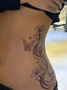 1pc Botanical Temporary Tattoo Sticker, Elegant Floral & Butterfly Inspired Waterproof Temporary Tattoo Sticker, Suitable For Fashion Enthusiasts - Black - View 4