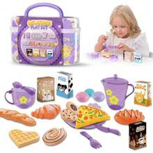 JCH-25pcs Juegos de Te para NiñasJuguetes de Fiestas de Té Para Niñas Comida de Cocina Juguete con Postre Juego de Te Vajilla y Estuche de Transporte Juego de Té de Plástico Regalos para Niños de 3+ - Morado - Ver 1