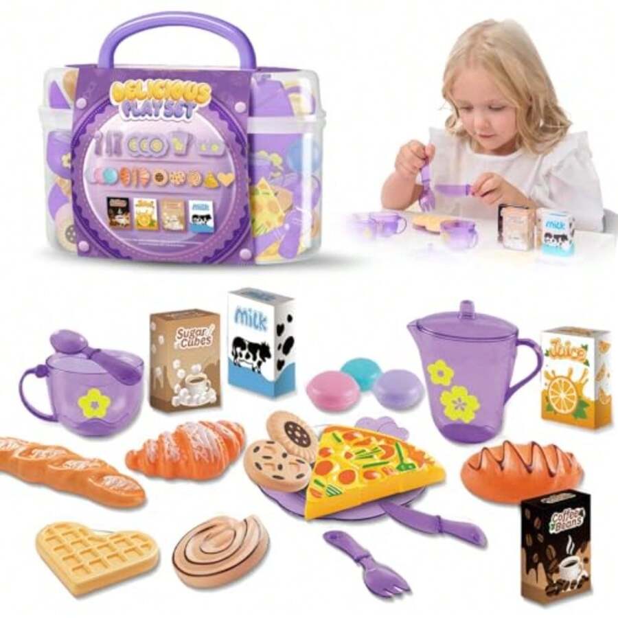 JCH-25pcs Juegos de Te para NiñasJuguetes de Fiestas de Té Para Niñas Comida de Cocina Juguete con Postre Juego de Te Vajilla y Estuche de Transporte Juego de Té de Plástico Regalos para Niños de 3+ - Morado - Ver 1
