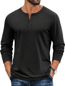 Mens Henley Shirts Cotton Long Sleeve Button Basic Tees Plain Casual Pullover - Màu Đỏ Sâu - Xem 2